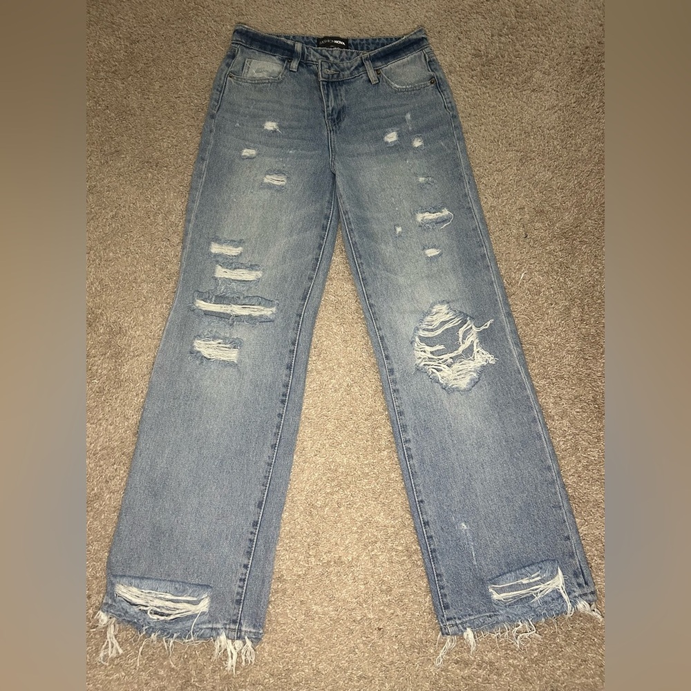 Fashion Nova Light Blue Distressed Boyfriend Jeans
